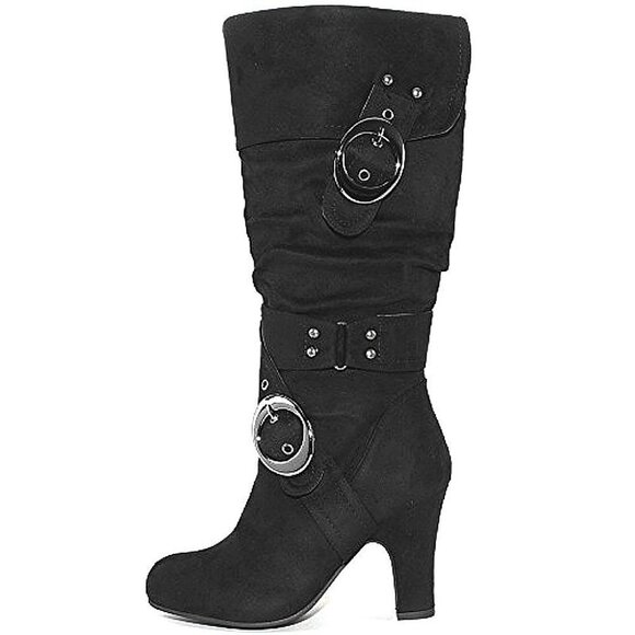 Metallic Studs Edgy Dual Buckles Slouch Knee High Suede Boot w/Silver Hardware - Picture 4 of 8